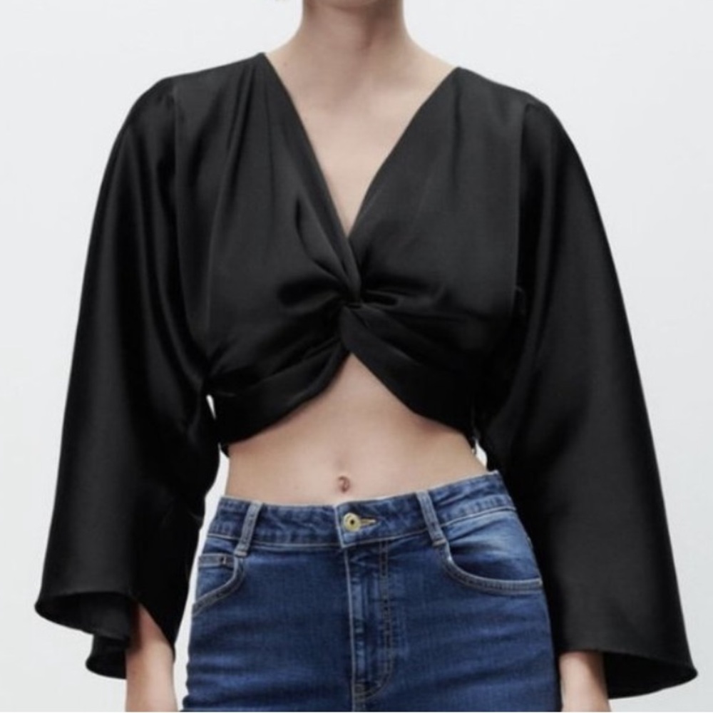 Zara Black Satin Wrap Top, Long Sleeve